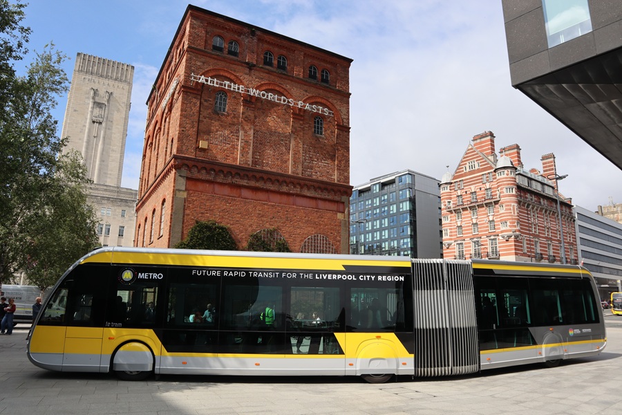 Irizar ie tram bus rapid transit vehicle in the Liverpool City Region